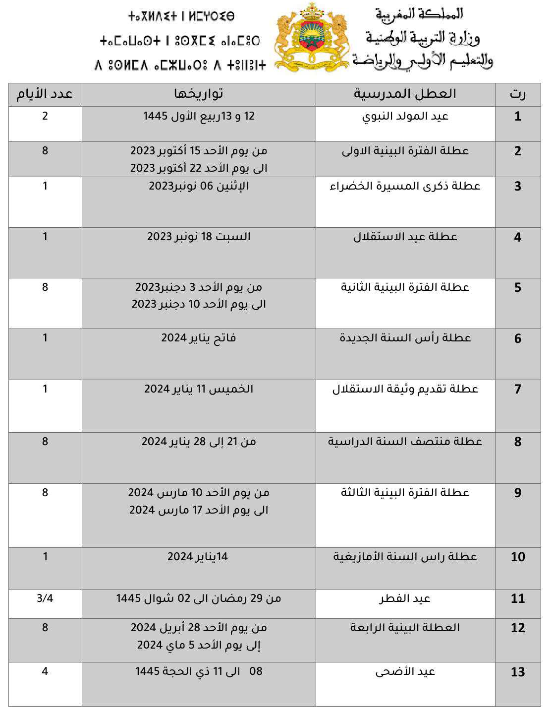 لائحة العطل المدرسية 2023-2024 بالعربية